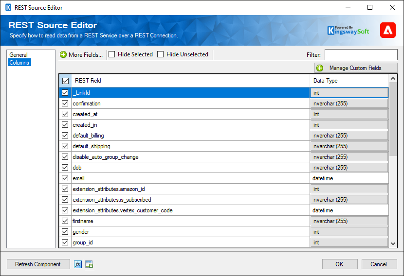 SSIS Magento / Adobe Commerce REST Source - Columns